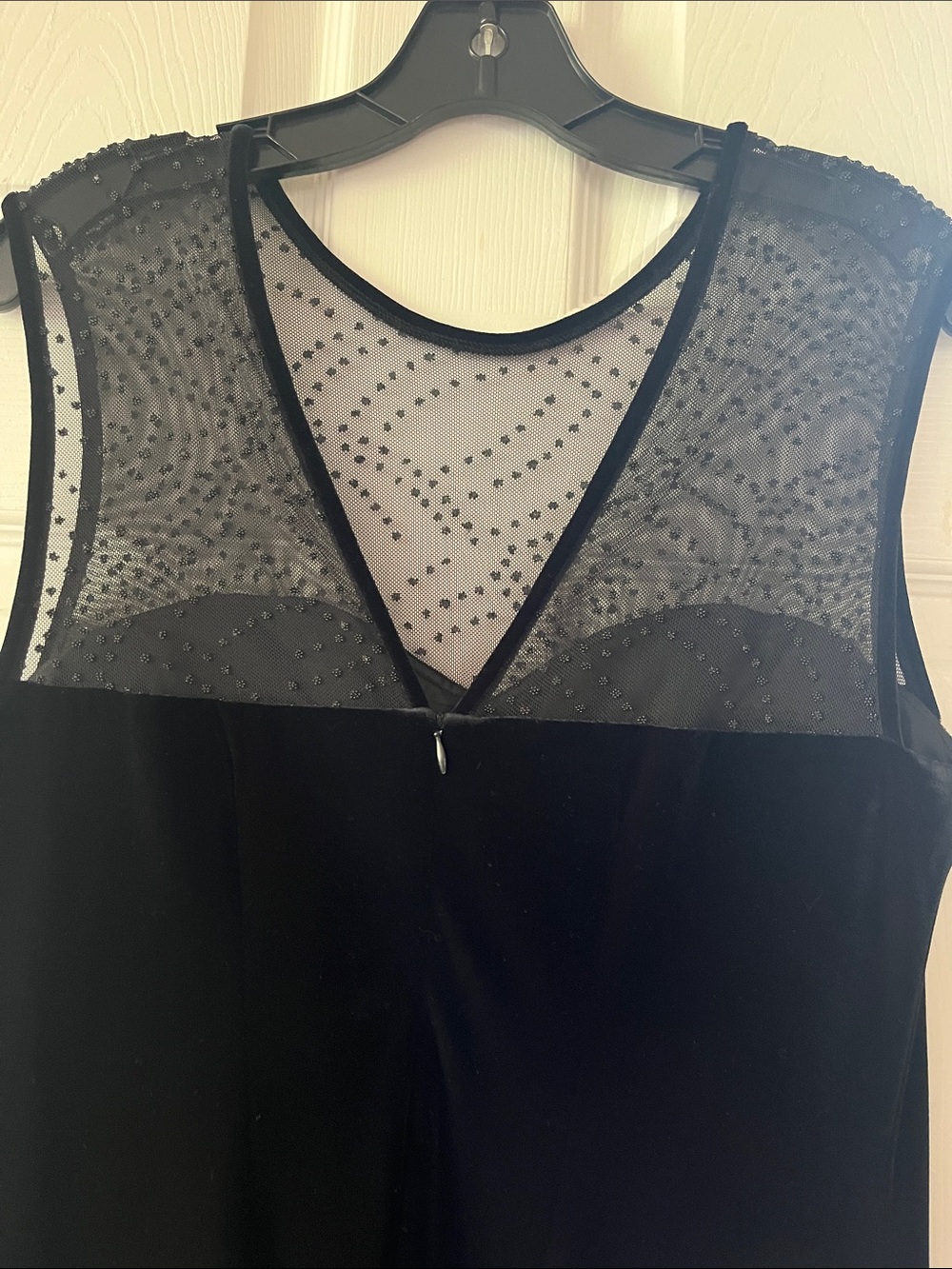 Elegant Black Velvet Maxi Dress with Sheer Polka Dot Yoke - Picture 4 of 5